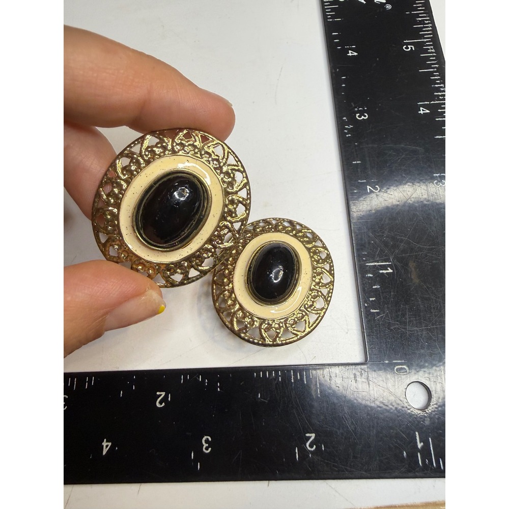 Vintage Gold Tone Filigree Black Cabochon Cream Enamel Oval Clip On Earrings